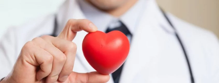 Médico com estetoscópio vermelho nos ombros segurando um coração de plástico